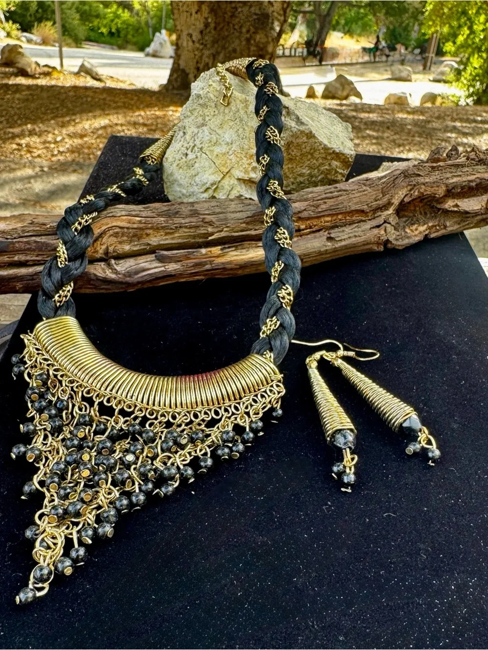 Gold tone and Black Braided Statement Necklace and Earrings Set